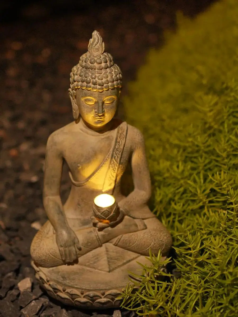 Zen Inspired Solar Buddha Statue With Light Resin Decor