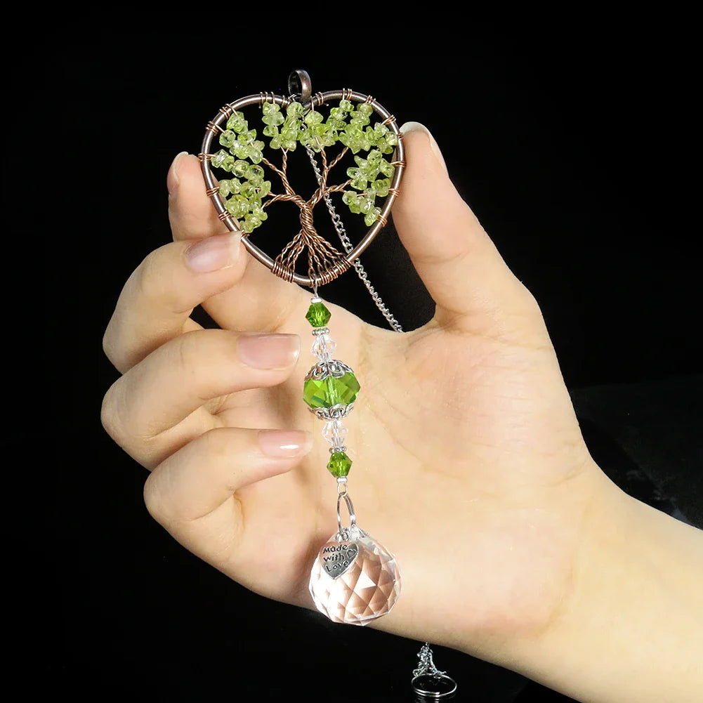 Green Quartz Heart Tree of Life Suncatcher – Healing Crystal Car & Window Charm