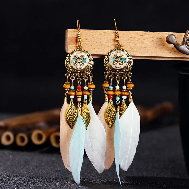 Bohemian Feather Tassel Earrings For Women Long Carved Leaf