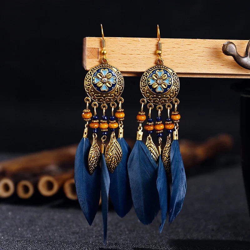 Bohemian Feather Tassel Earrings For Women Long Carved Leaf