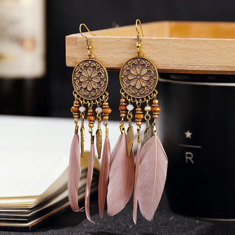 Boho Long Feather Dangle Earrings For Women Beach Beads