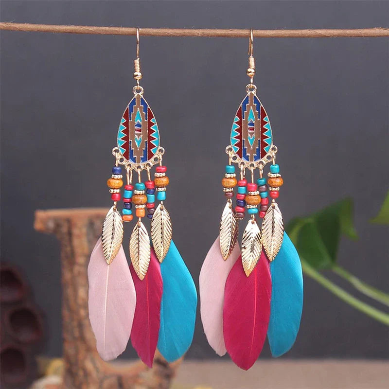 Boho Long Feather Dangle Earrings For Women Beach Beads