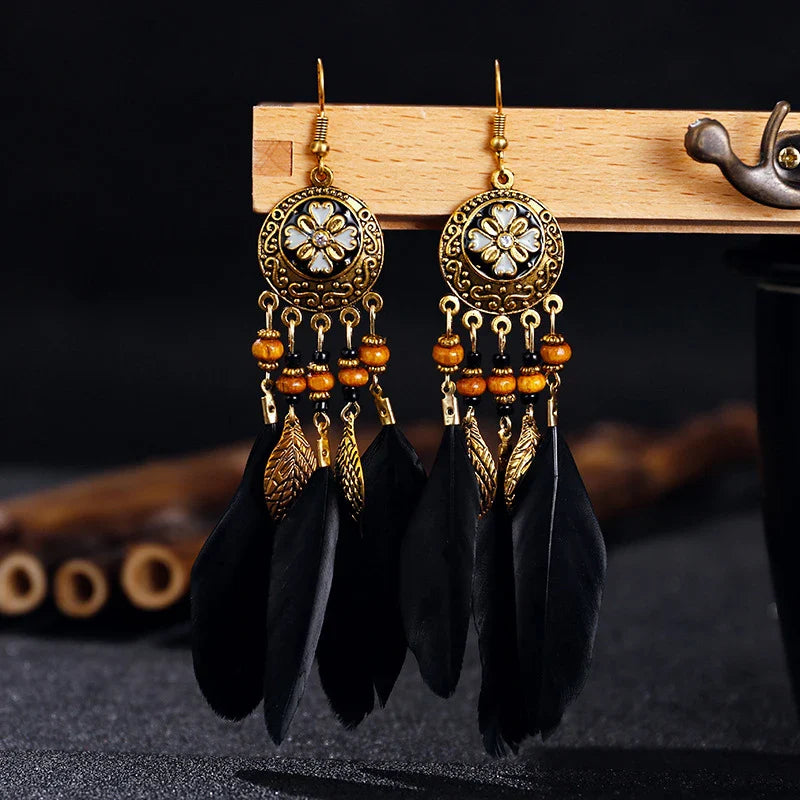 Bohemian Feather Tassel Earrings For Women Long Carved Leaf
