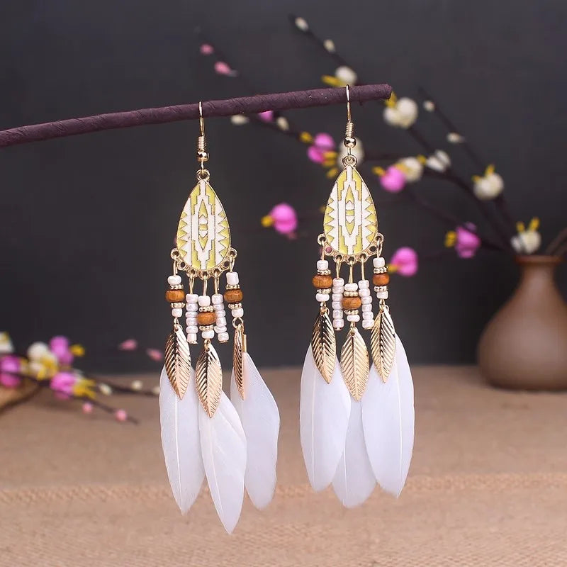 Boho Long Feather Dangle Earrings For Women Beach Beads