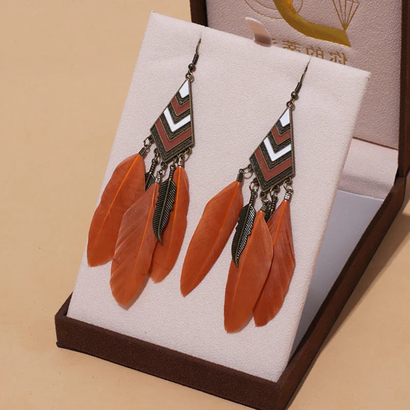 Bohemian Brown Feather Earrings For Women Handmade Jewelry