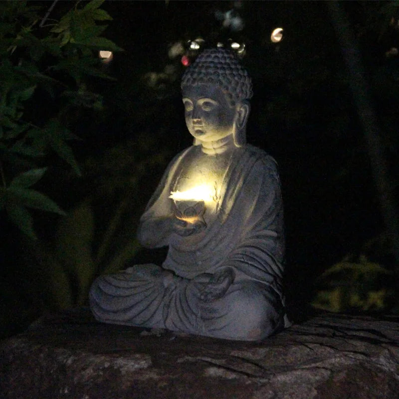 Resin Solar Buddha Statue Garden Light Outdoor Front Porch Home Decor