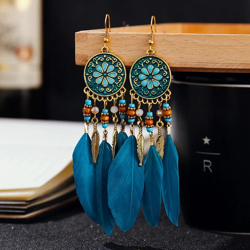 Boho Long Feather Dangle Earrings For Women Beach Beads