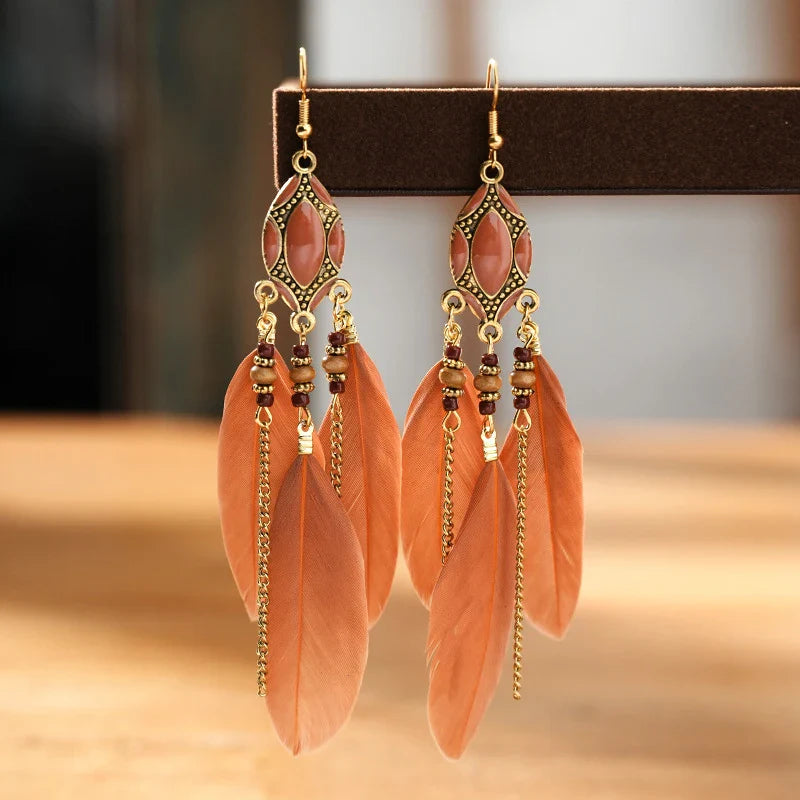Bohemian Brown Feather Earrings For Women Handmade Jewelry