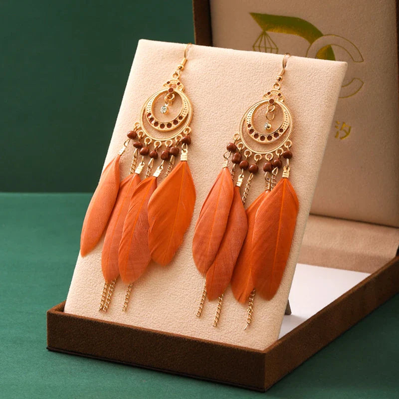 Bohemian Brown Feather Earrings For Women Handmade Jewelry