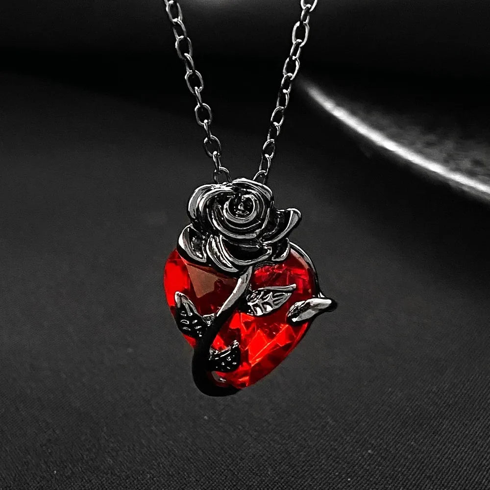 Gothic Rose Red Love Necklace Y2K Grunge Heart Pendant