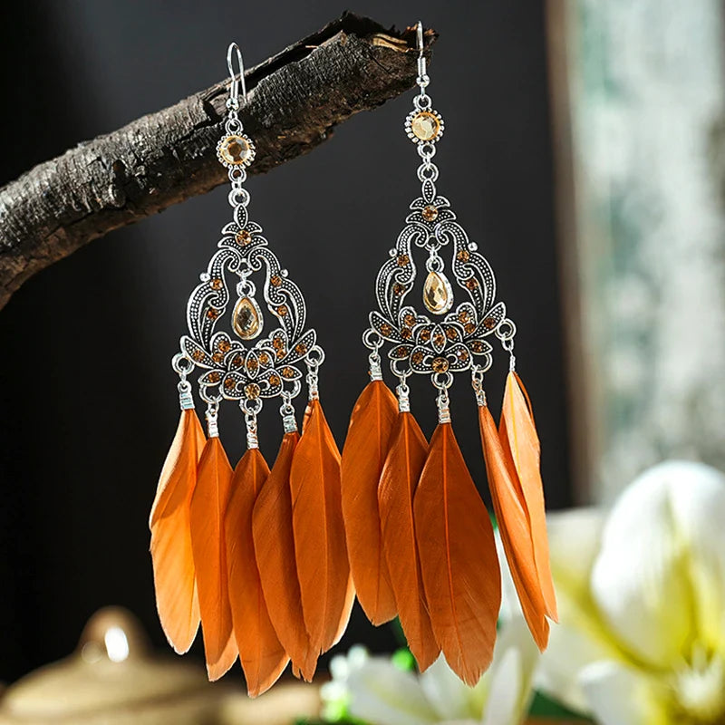 Bohemian Brown Feather Earrings For Women Handmade Jewelry