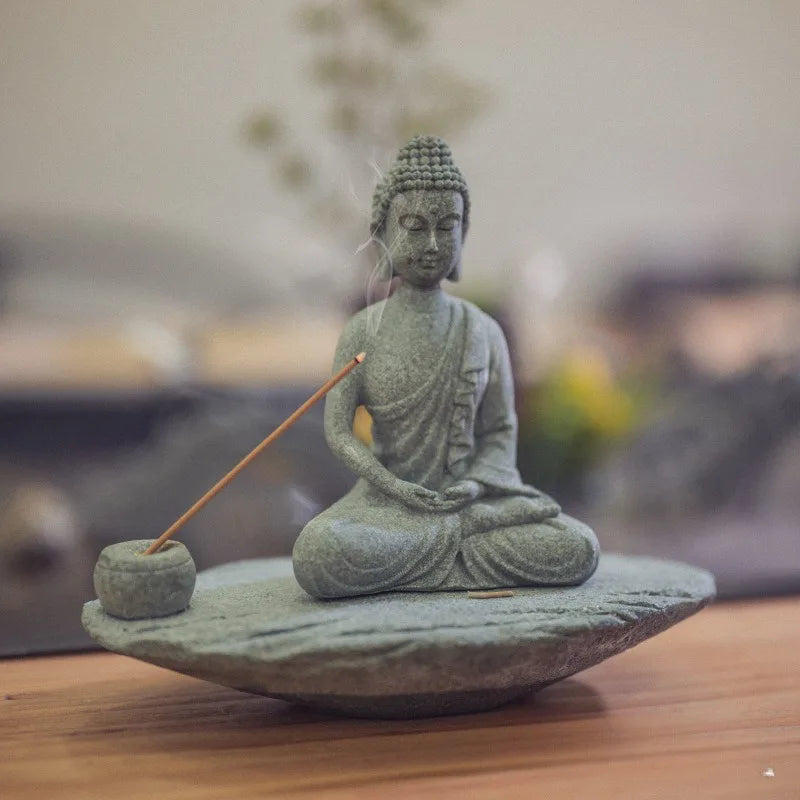Meditating Buddha Statue Zen Decor Incense Holder Home Desk