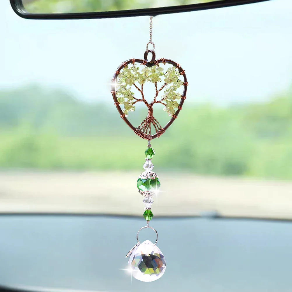 Green Quartz Heart Tree of Life Suncatcher – Healing Crystal Car & Window Charm