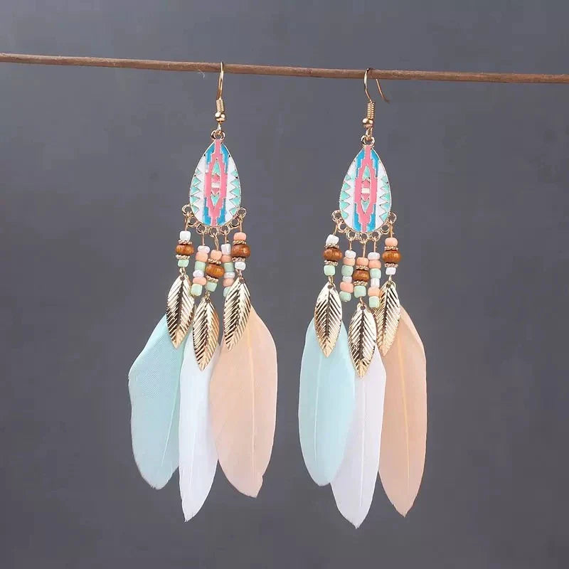 Boho Long Feather Dangle Earrings For Women Beach Beads