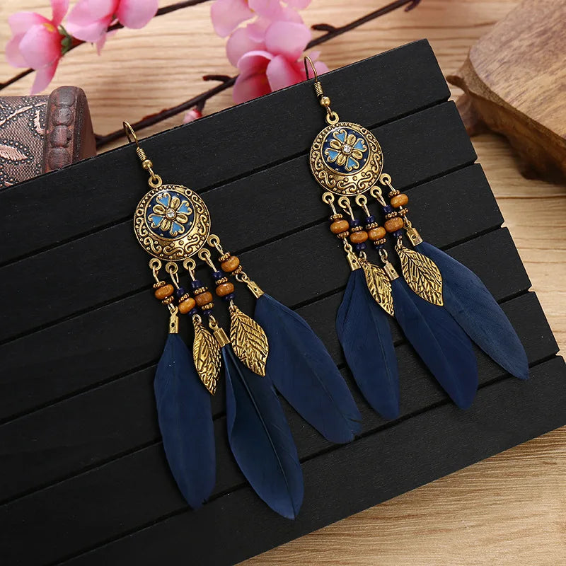Bohemian Feather Tassel Earrings For Women Long Carved Leaf