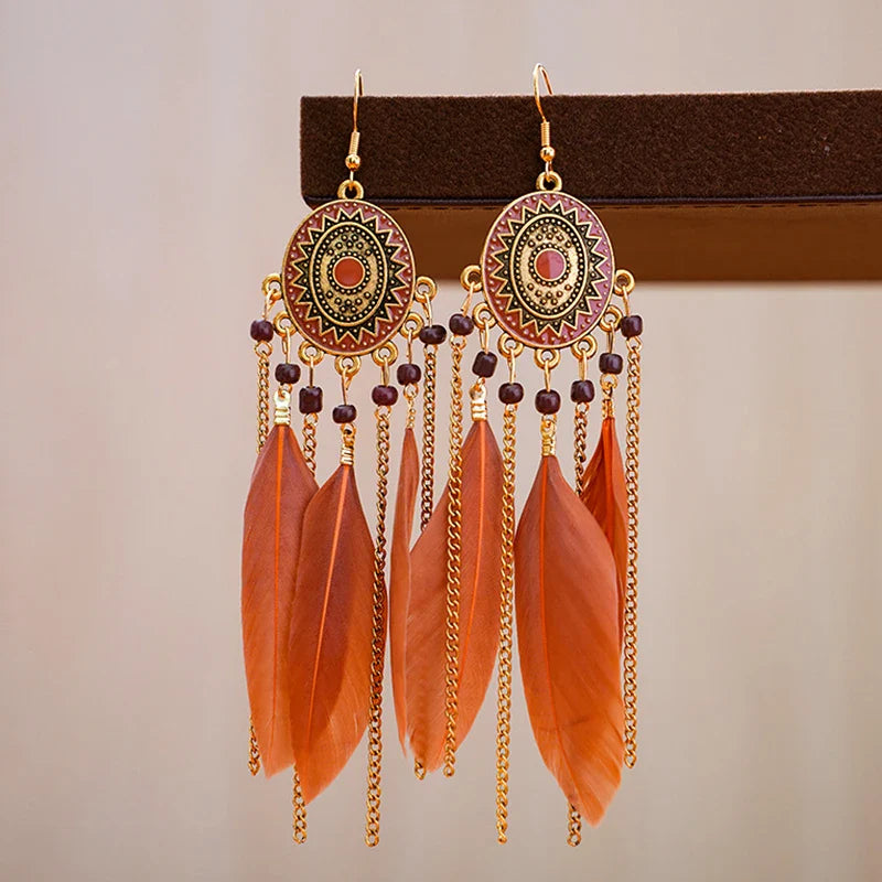 Bohemian Brown Feather Earrings For Women Handmade Jewelry