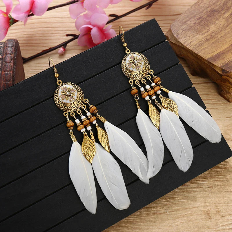 Bohemian Feather Tassel Earrings For Women Long Carved Leaf
