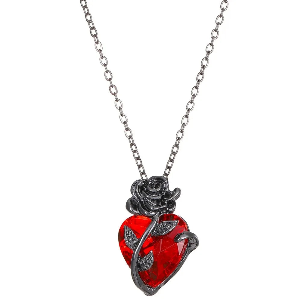 Gothic Rose Red Love Necklace Y2K Grunge Heart Pendant