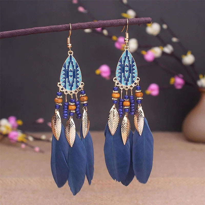 Boho Long Feather Dangle Earrings For Women Beach Beads