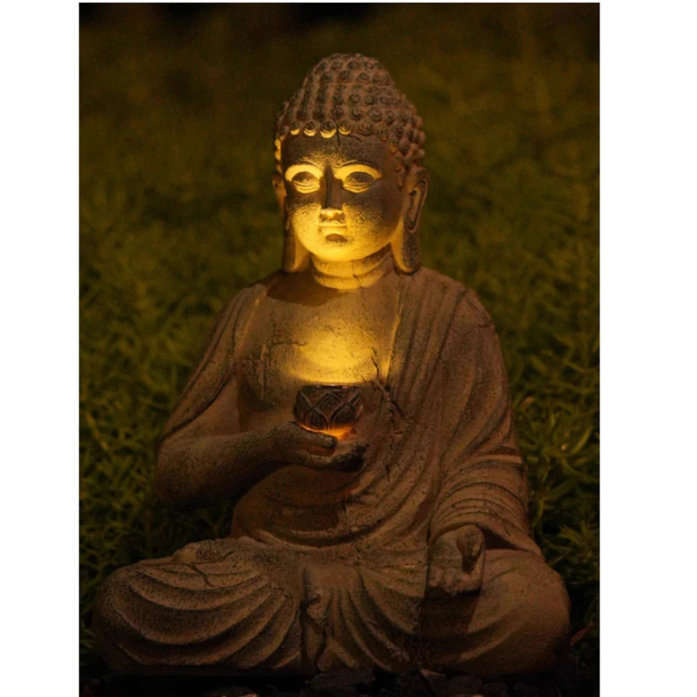 Resin Solar Buddha Statue Garden Light Outdoor Front Porch Home Decor