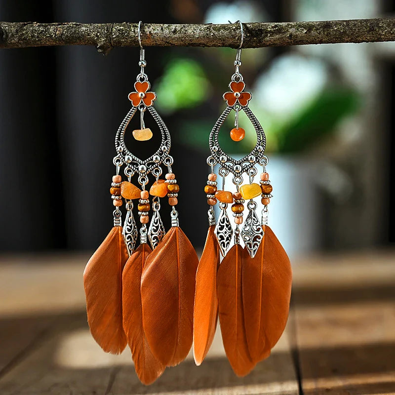 Bohemian Brown Feather Earrings For Women Handmade Jewelry