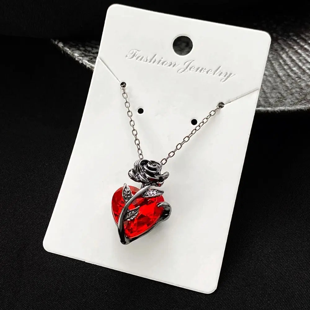 Gothic Rose Red Love Necklace Y2K Grunge Heart Pendant