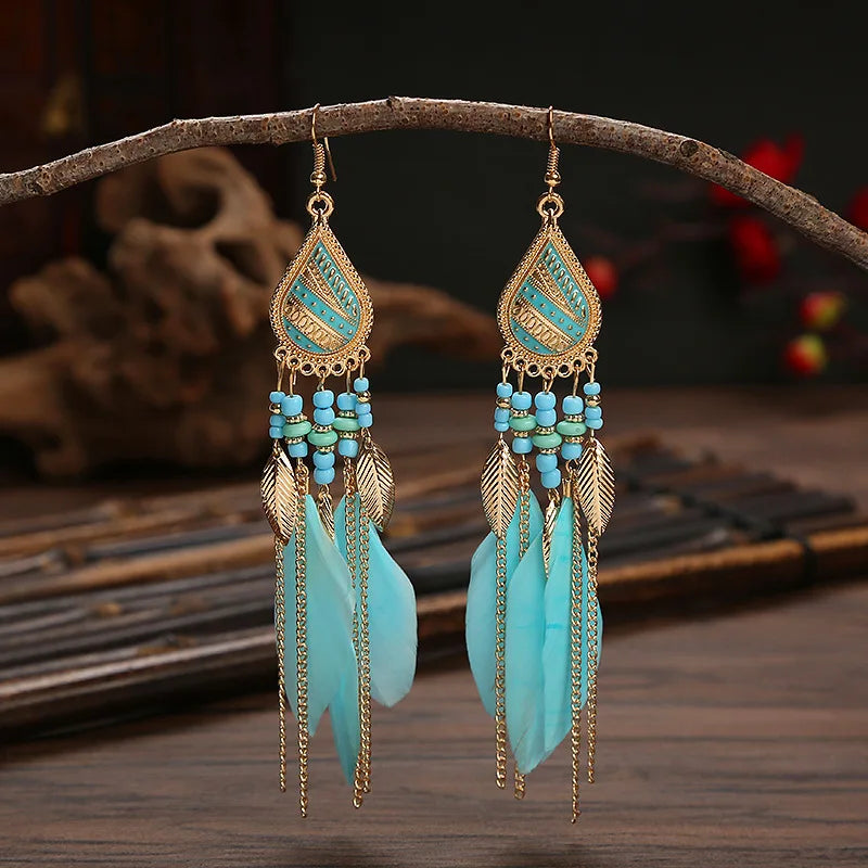 Boho Long Feather Dangle Earrings For Women Beach Beads