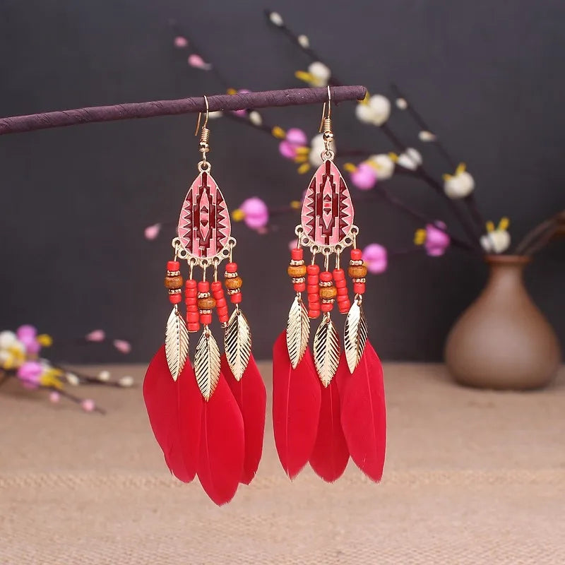 Boho Long Feather Dangle Earrings For Women Beach Beads