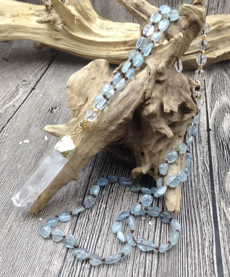 Natural Aquamarine & Clear Quartz Gemstone Necklace™