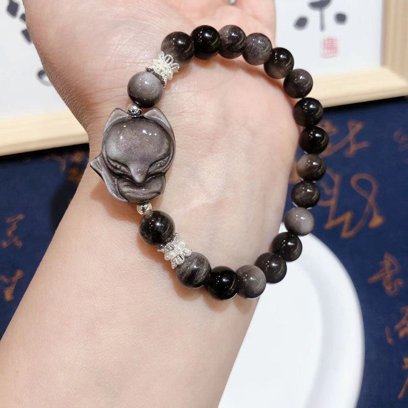 Natural Obsidian Fox Bracelet For Women 8mm Beads Gift
