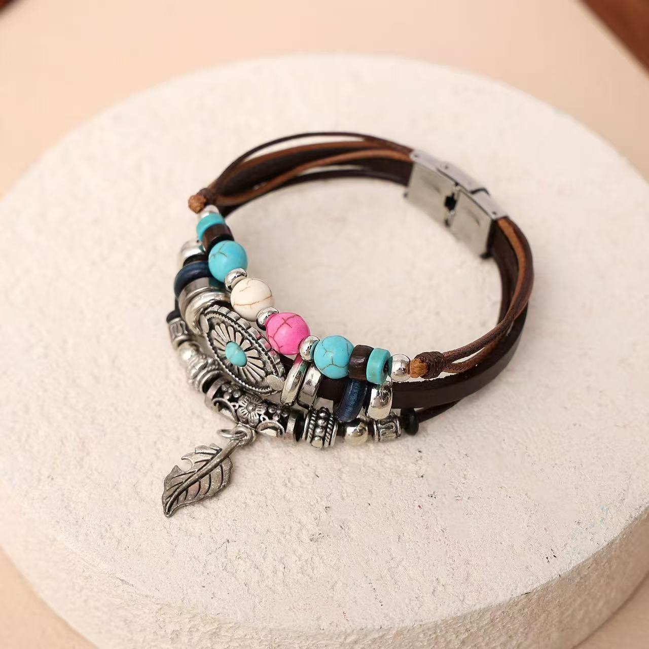 Turquoise Leaf Leather Bracelet - Calming Energy