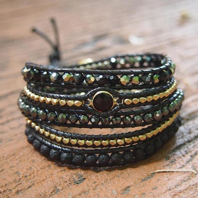 Handmade Natural Black Lava Stone & Hematite Gemstone Wrap Bracelet™