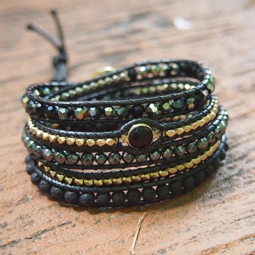 Handmade Natural Black Lava Stone & Hematite Gemstone Wrap Bracelet™