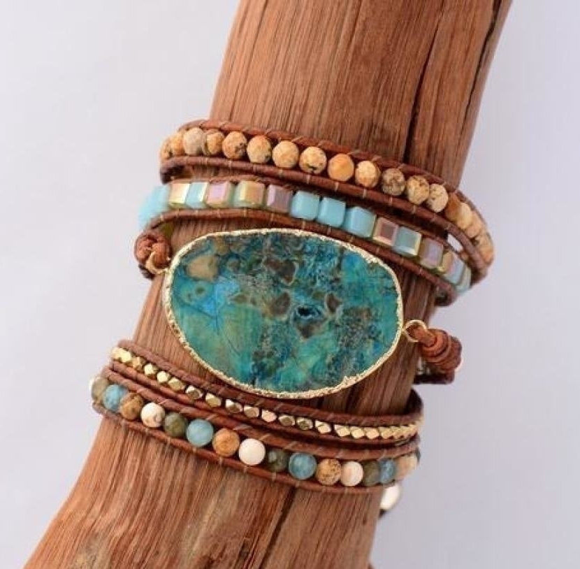 Handmade Natural Ocean Jasper Leather Wrap Bracelet™