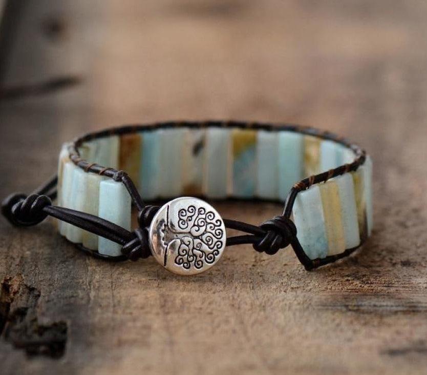 Natural Amazonite Stone & Leather Tree Of Life Bracelet™