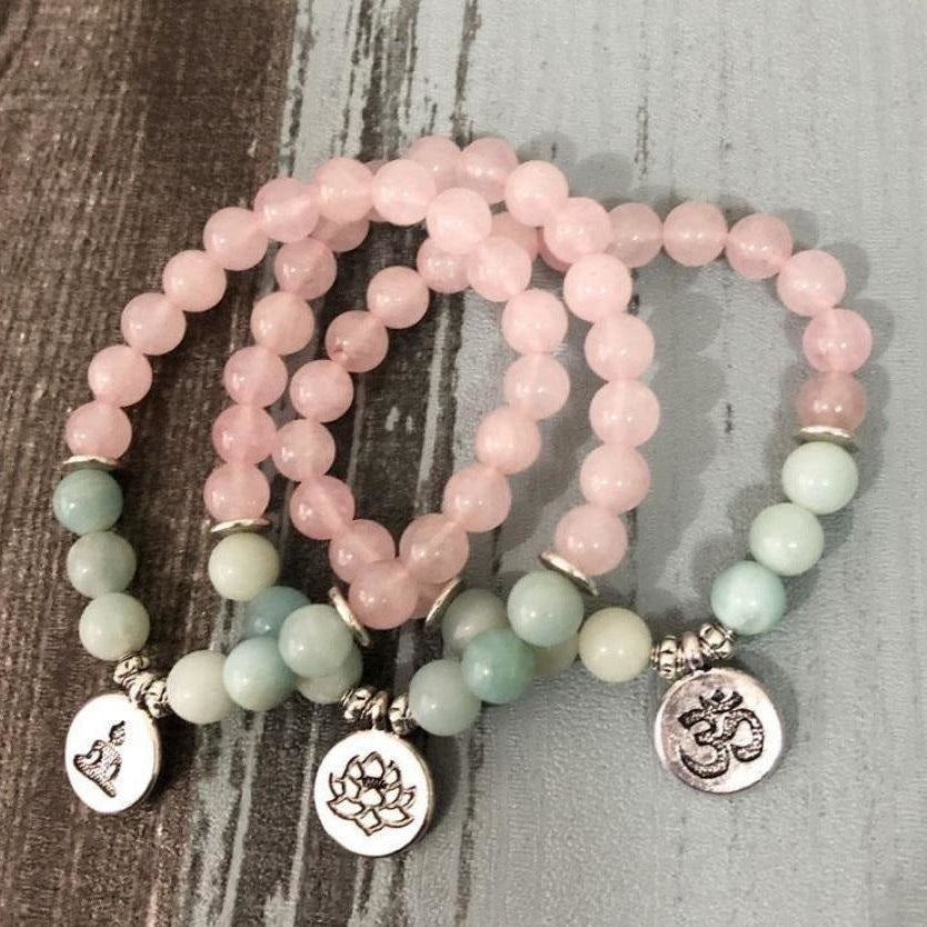Natural Rose Quartz & Amazonite Gemstone Bead Mala Bracelet™