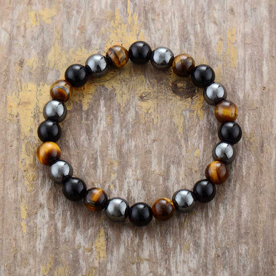 Black Onyx, Hematite & Tiger Eye Beaded Bracelet