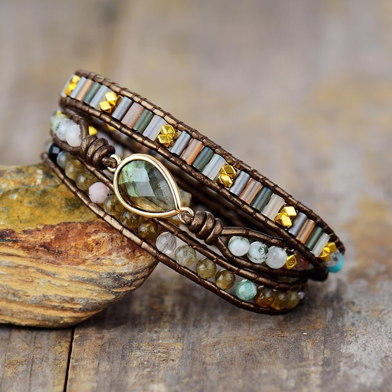 Labradorite & Rhinestone Teardrop Wrap Bracelet
