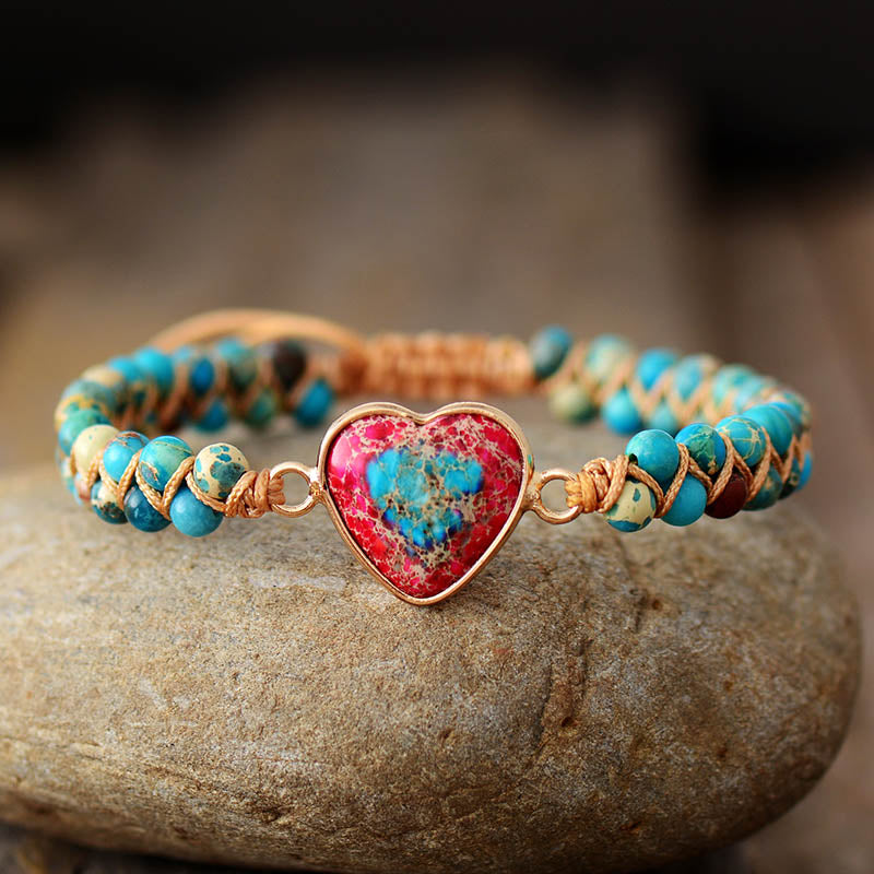 Imperial Jasper Heart Charm Macrame Bracelet