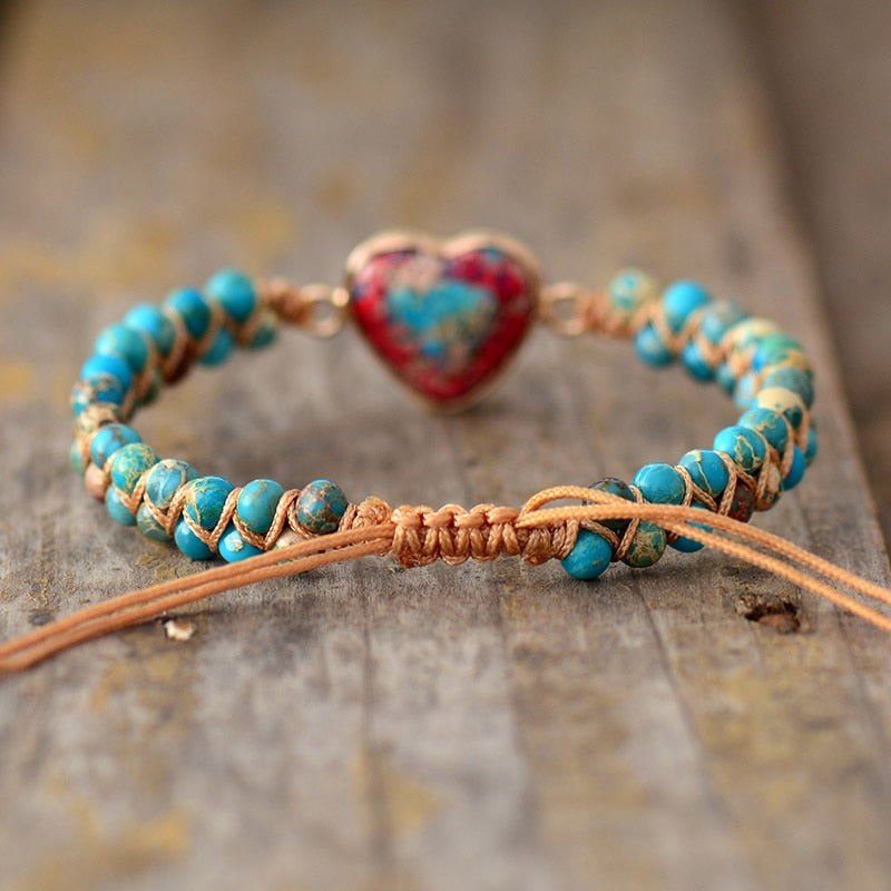 Imperial Jasper Heart Charm Macrame Bracelet