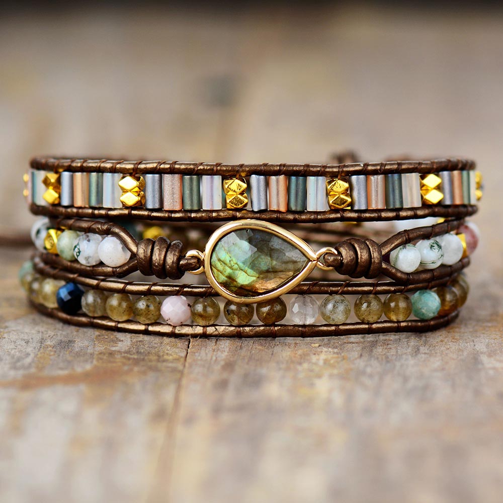 Labradorite & Rhinestone Teardrop Wrap Bracelet