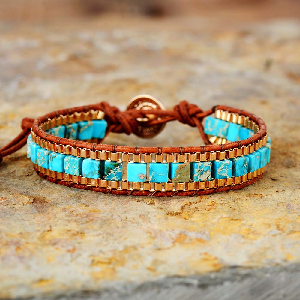 Vintage Gold Chain Turquoise Woven Bracelet
