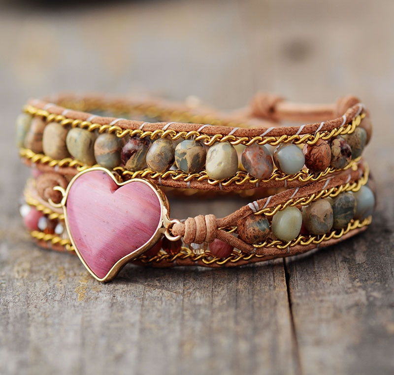 Rhodonite Heart Wrap Bracelet