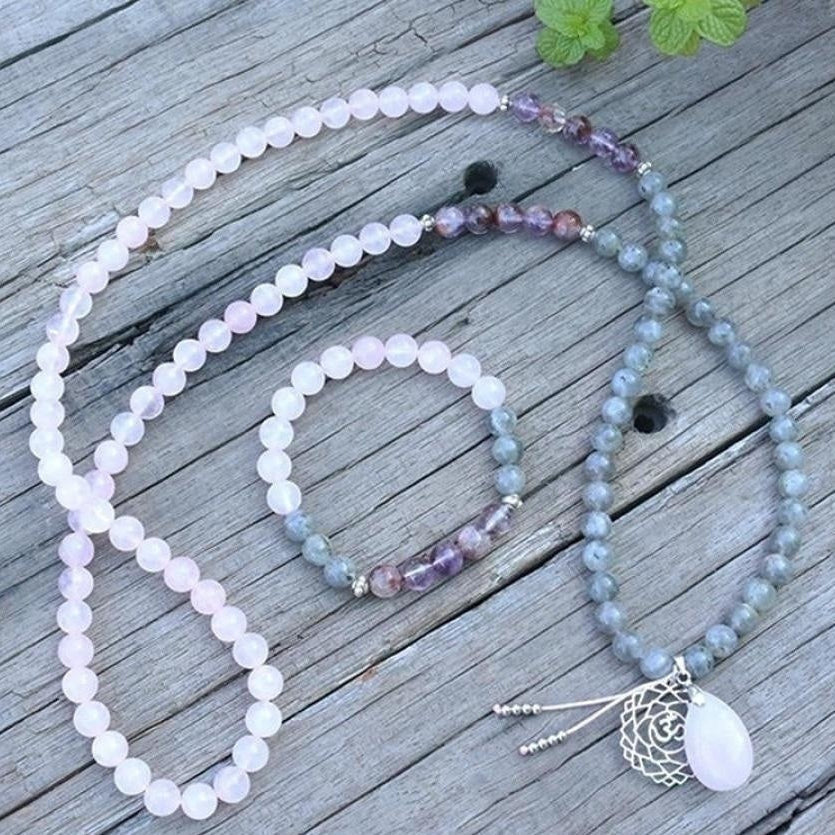 108 Natural Labradorite White Jade and Amethyst Mala Beads Necklace / Bracelet™