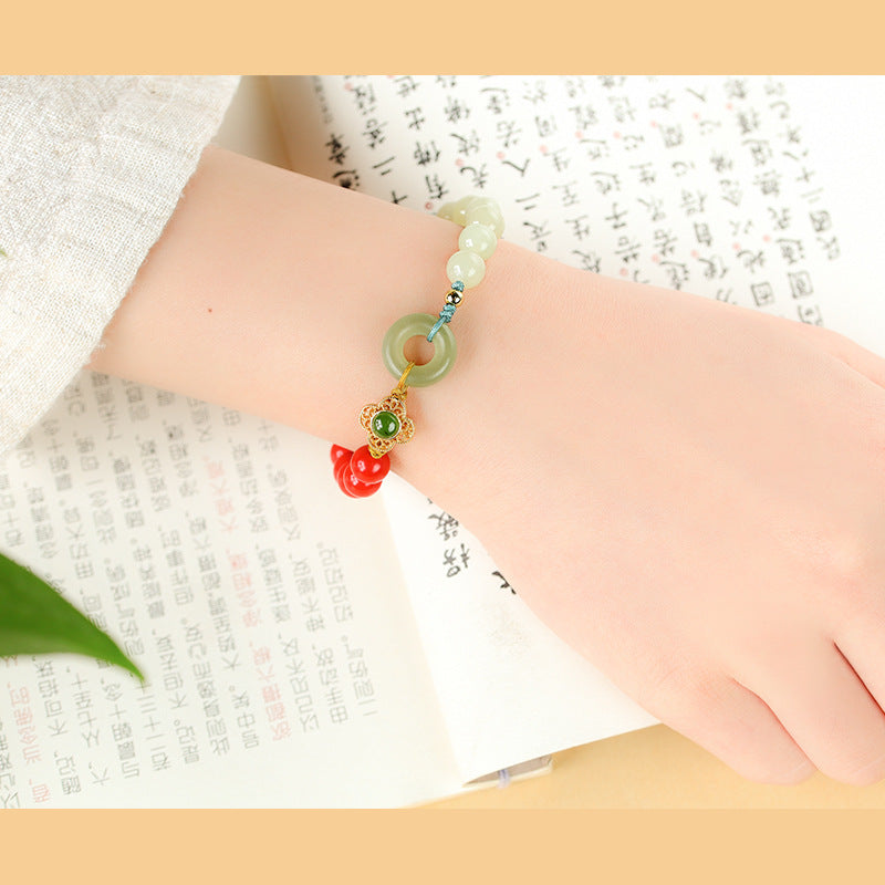 Hetian Gray Jade 8mm Cinnabar Bracelet With Safety Buckle