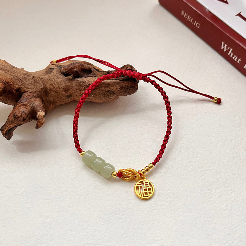 Alluvial Gold Jade Blessing Card Red Rope Bracelet Women