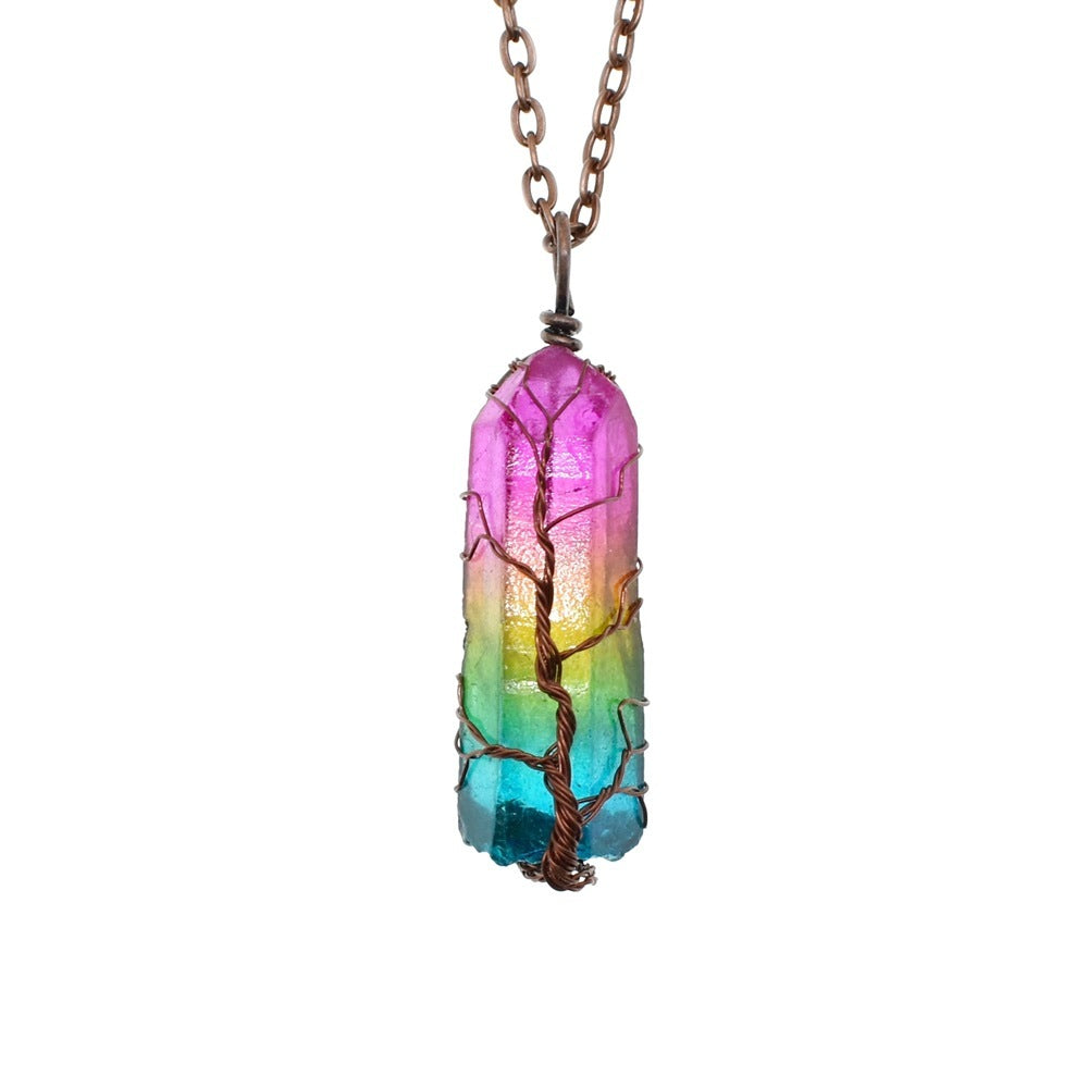 Stone Crystal Pillar Tree Of Life Pendant Necklace