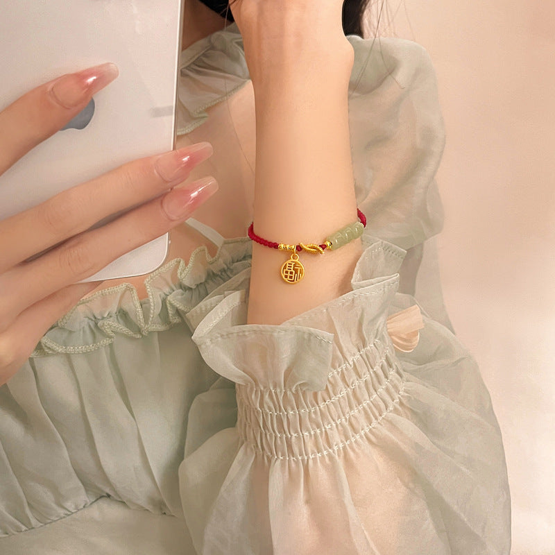 Alluvial Gold Jade Blessing Card Red Rope Bracelet Women