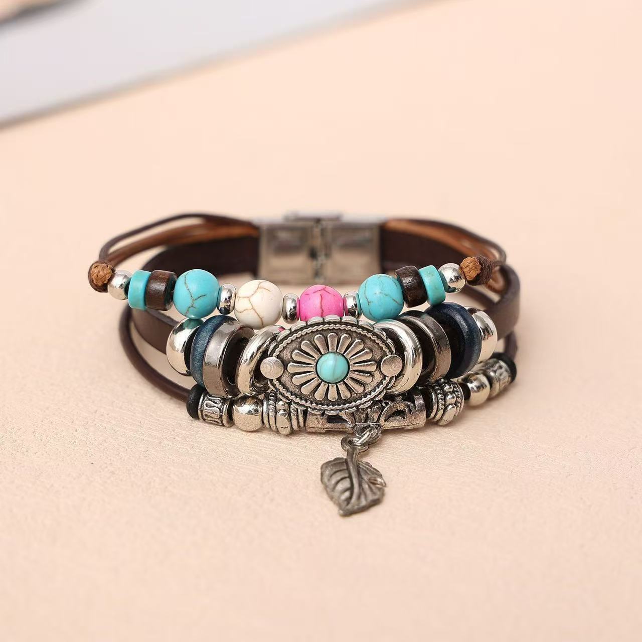 Turquoise Leaf Leather Bracelet - Calming Energy