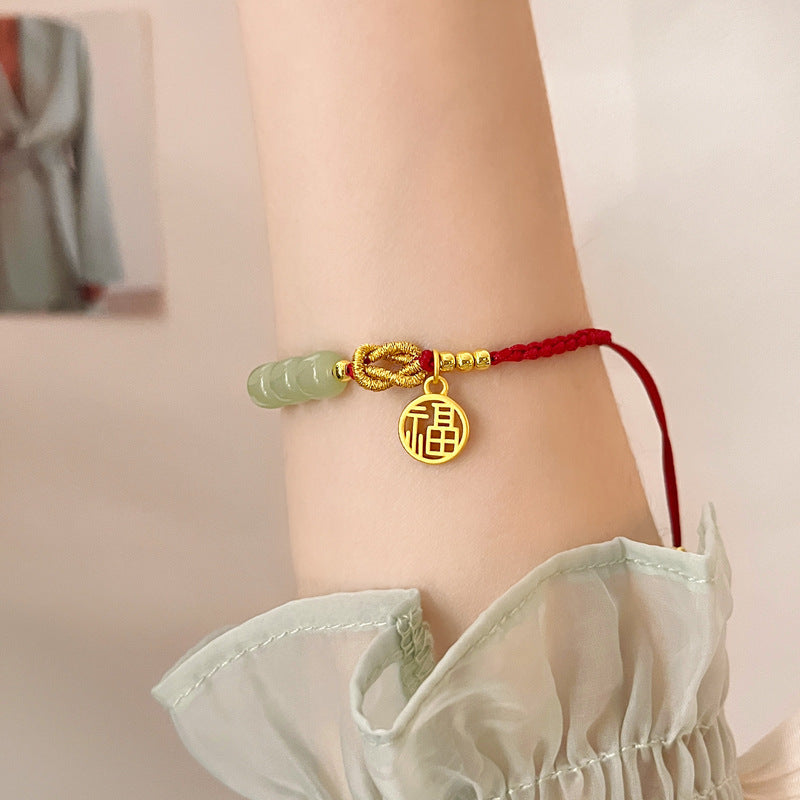 Alluvial Gold Jade Blessing Card Red Rope Bracelet Women